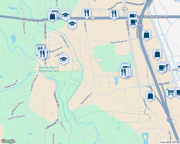 map of restaurants, bars, coffee shops, grocery stores, and more near 6155 Falabella Way in Reno