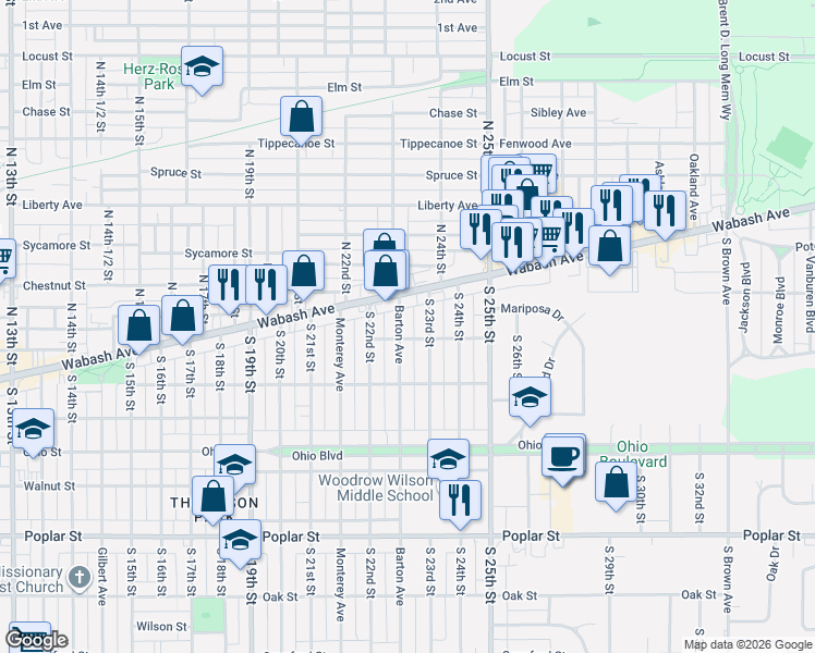 map of restaurants, bars, coffee shops, grocery stores, and more near 1-99 Barton Ave in Terre Haute
