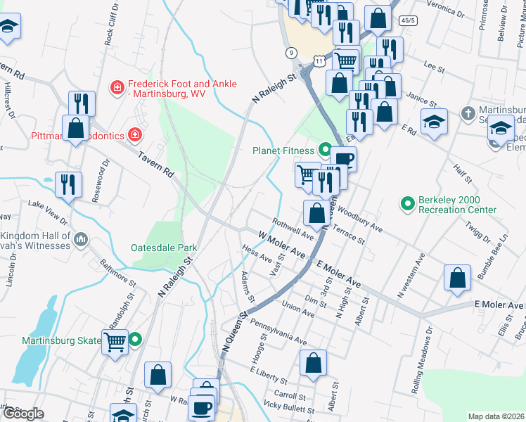 map of restaurants, bars, coffee shops, grocery stores, and more near 340 Rothwell Avenue in Martinsburg