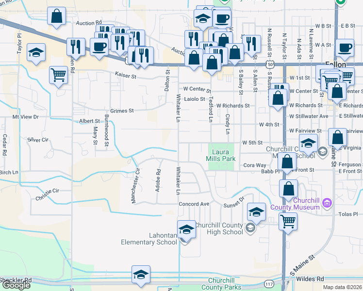 map of restaurants, bars, coffee shops, grocery stores, and more near 501 Whitaker Lane in Fallon