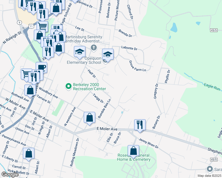 map of restaurants, bars, coffee shops, grocery stores, and more near 401 Karla Court in Martinsburg