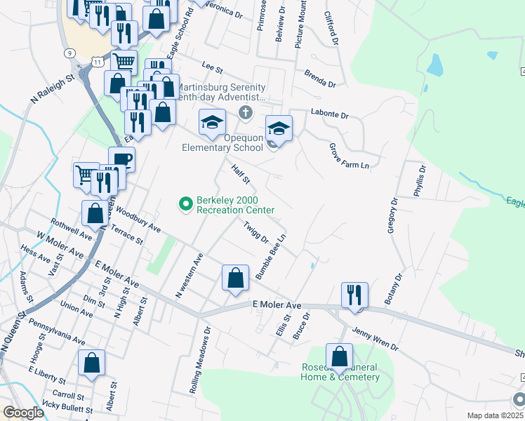 map of restaurants, bars, coffee shops, grocery stores, and more near 313 Legion Street in Martinsburg