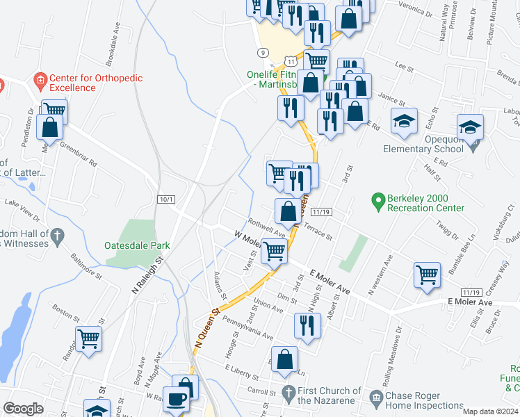 map of restaurants, bars, coffee shops, grocery stores, and more near 209 Rick Street in Martinsburg