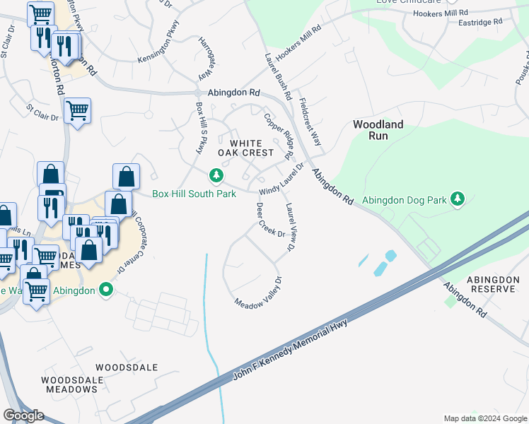 map of restaurants, bars, coffee shops, grocery stores, and more near 3105 Deer Creek Drive in Abingdon