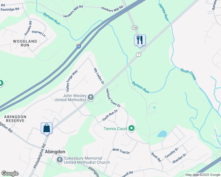 map of restaurants, bars, coffee shops, grocery stores, and more near 3906 Bush Court in Abingdon