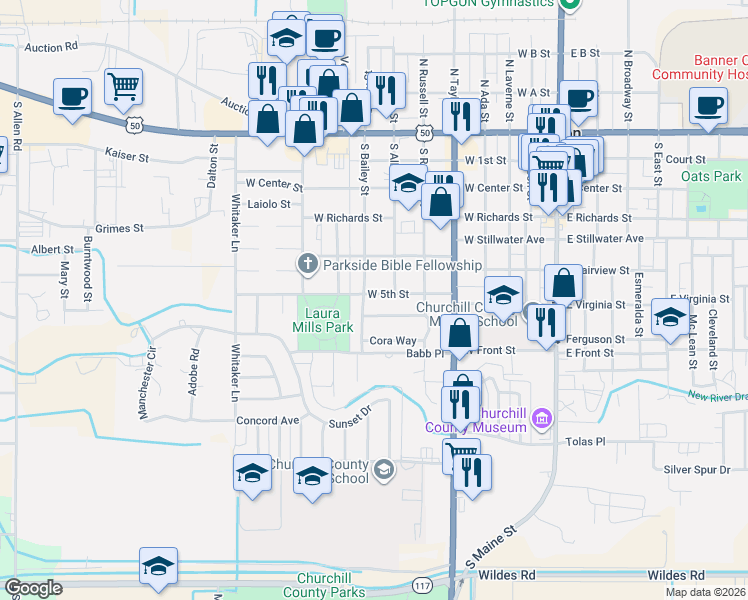 map of restaurants, bars, coffee shops, grocery stores, and more near 655 West 5th Street in Fallon