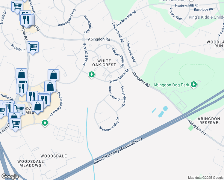 map of restaurants, bars, coffee shops, grocery stores, and more near 3105 Deer Creek Drive in Abingdon