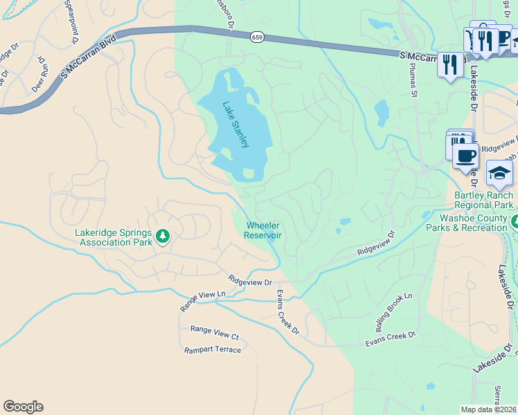 map of restaurants, bars, coffee shops, grocery stores, and more near 2421 Marbrook Court in Reno