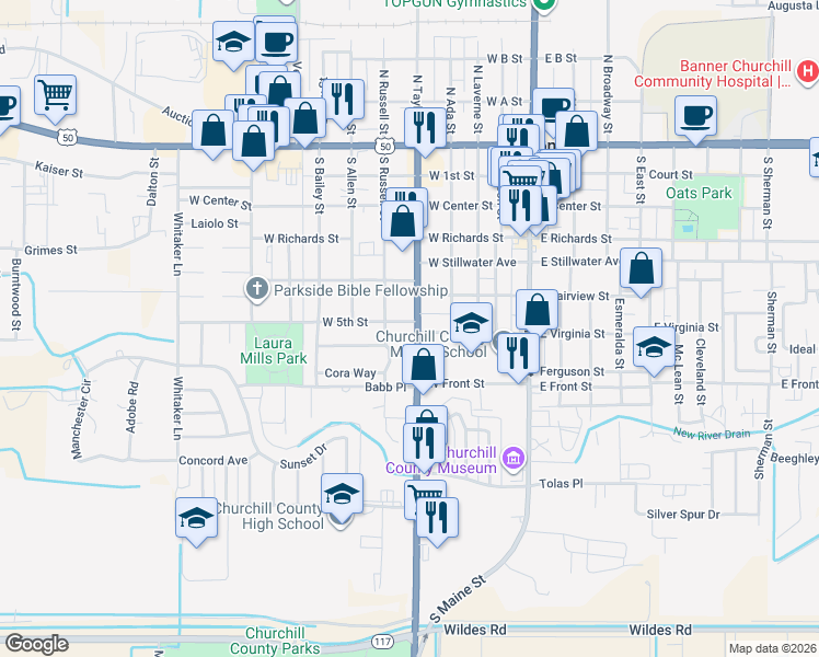 map of restaurants, bars, coffee shops, grocery stores, and more near 596 South Taylor Street in Fallon