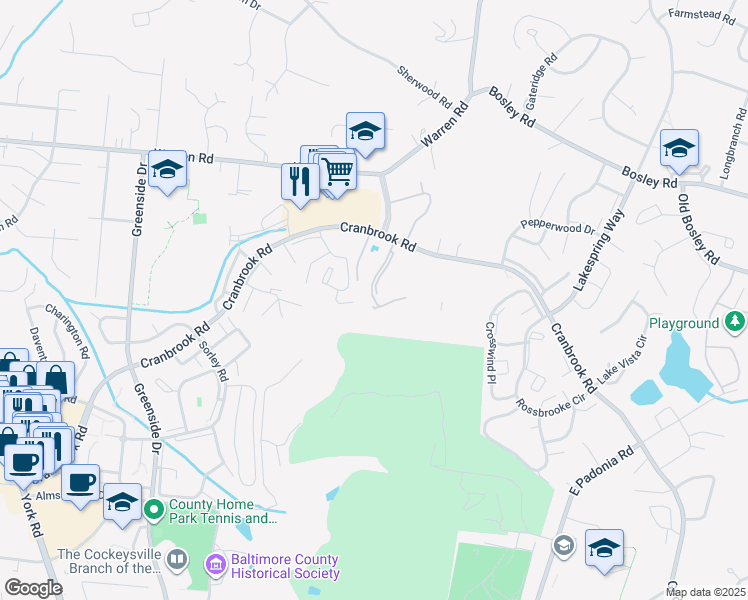 map of restaurants, bars, coffee shops, grocery stores, and more near 10329 Malcolm Circle in Cockeysville