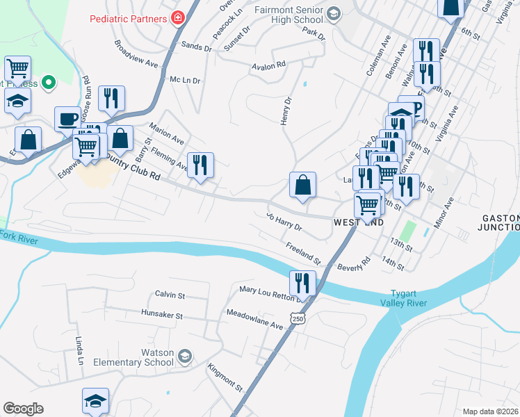 map of restaurants, bars, coffee shops, grocery stores, and more near 1347-1399 Jo Harry Drive in Fairmont