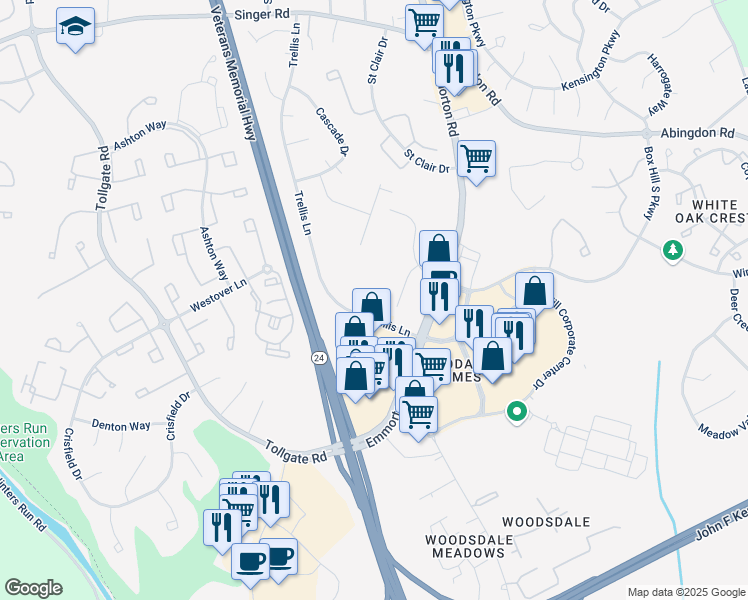 map of restaurants, bars, coffee shops, grocery stores, and more near 3410 Brooks Avenue in Abingdon