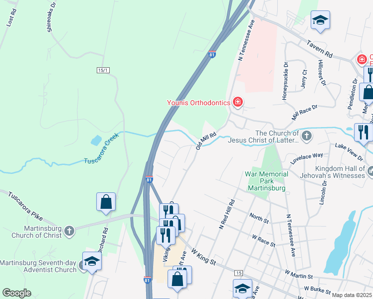 map of restaurants, bars, coffee shops, grocery stores, and more near 1005 Kilmer Court in Martinsburg