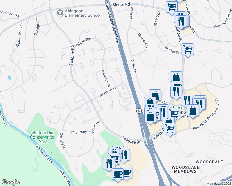 map of restaurants, bars, coffee shops, grocery stores, and more near 3402 Tulleys Pointe Court in Abingdon