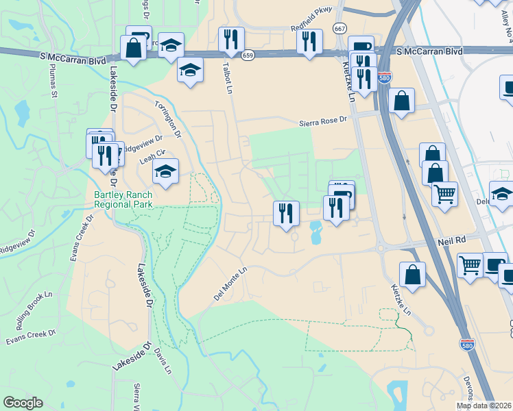 map of restaurants, bars, coffee shops, grocery stores, and more near 6107 Talbot Lane in Reno