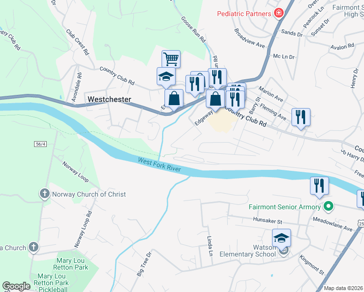 map of restaurants, bars, coffee shops, grocery stores, and more near 100 Elm Drive in Fairmont