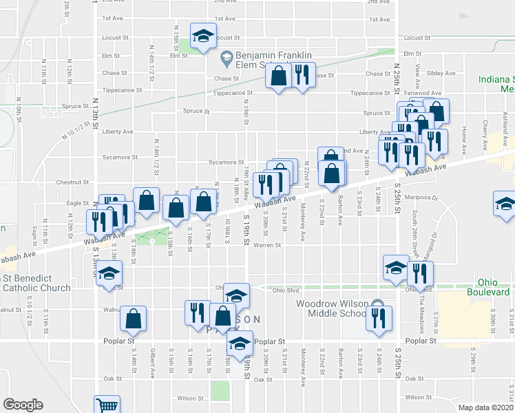 map of restaurants, bars, coffee shops, grocery stores, and more near 2010 Wabash Avenue in Terre Haute
