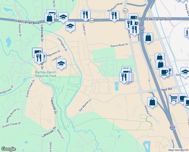 map of restaurants, bars, coffee shops, grocery stores, and more near 6107 Talbot Lane in Reno
