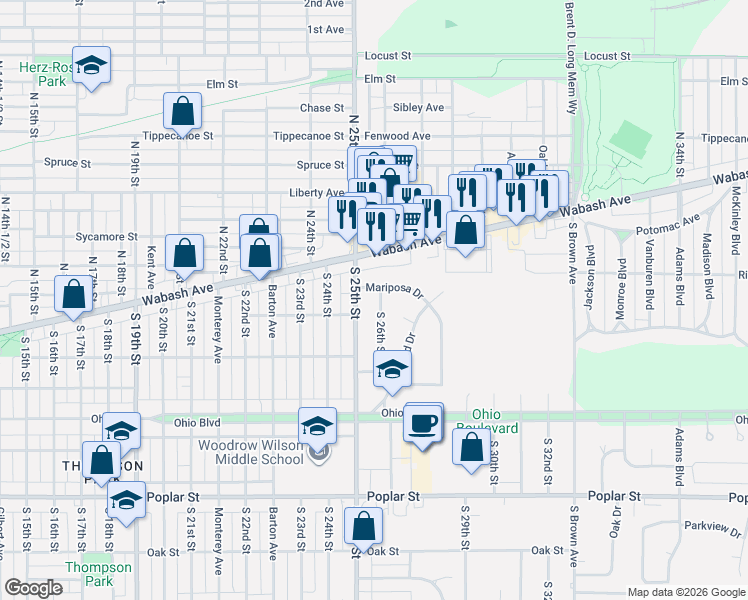 map of restaurants, bars, coffee shops, grocery stores, and more near 47 South 26th Street Drive in Terre Haute