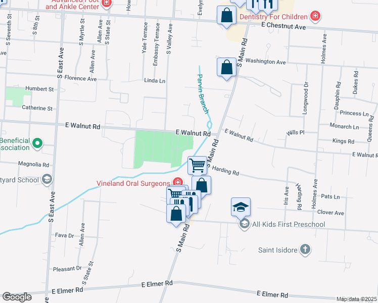map of restaurants, bars, coffee shops, grocery stores, and more near 1171 East Walnut Road in Vineland