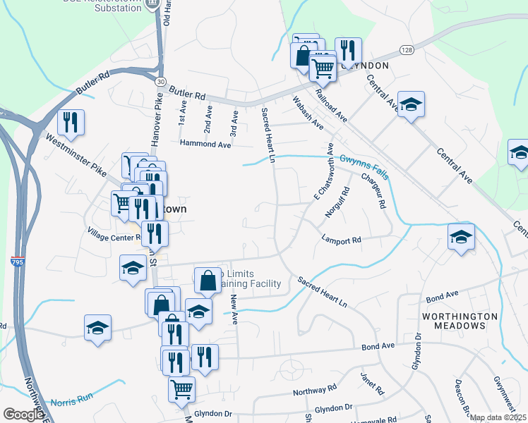map of restaurants, bars, coffee shops, grocery stores, and more near 21 Farm Gate Way in Reisterstown