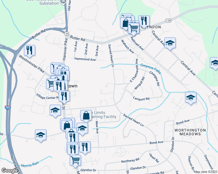 map of restaurants, bars, coffee shops, grocery stores, and more near 21 Farm Gate Way in Reisterstown