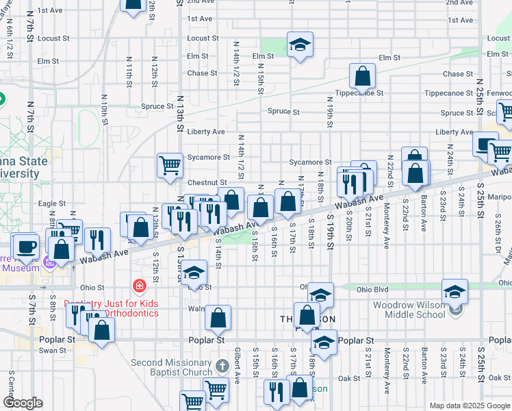 map of restaurants, bars, coffee shops, grocery stores, and more near 1471 Eagle Street in Terre Haute