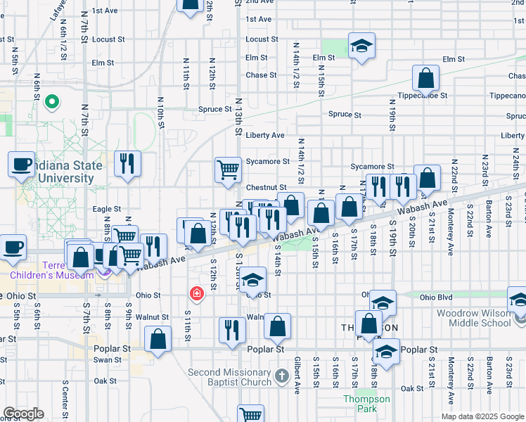 map of restaurants, bars, coffee shops, grocery stores, and more near 1342 Eagle Street in Terre Haute