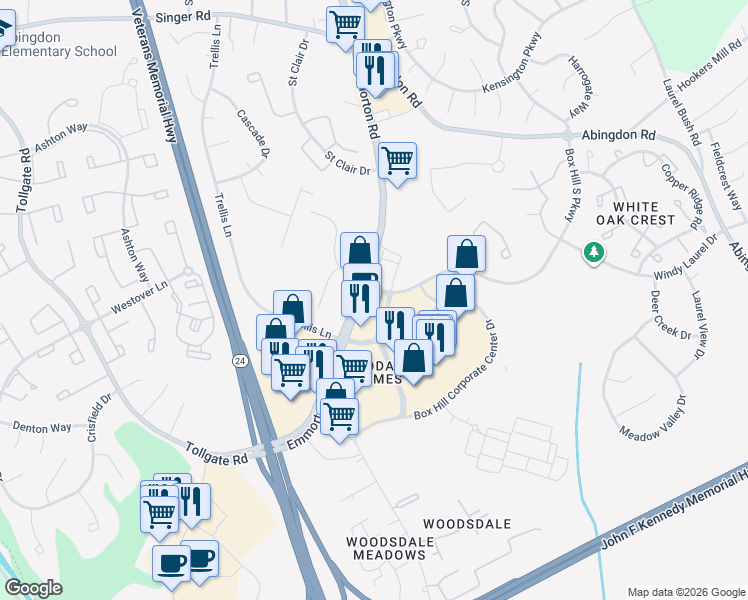 map of restaurants, bars, coffee shops, grocery stores, and more near 3410 Merchant Boulevard in Abingdon