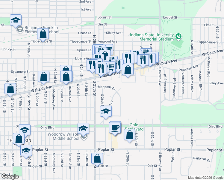 map of restaurants, bars, coffee shops, grocery stores, and more near 2715 Mariposa Drive in Terre Haute