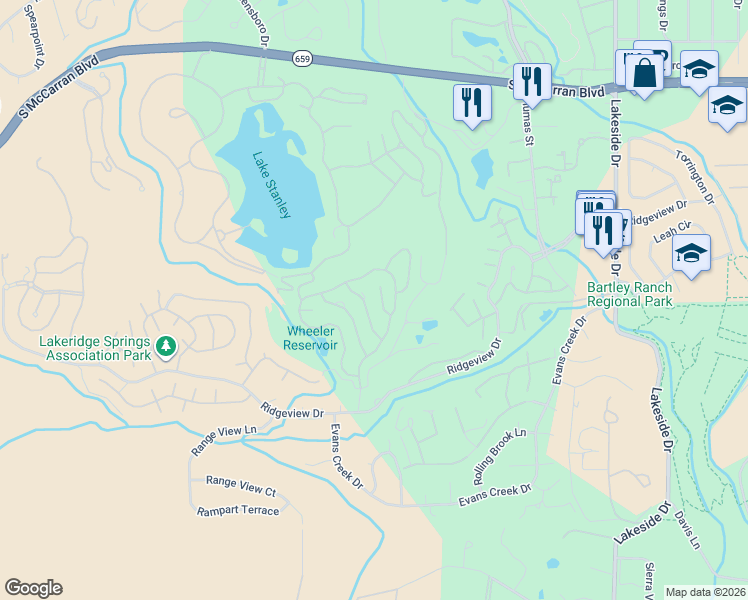 map of restaurants, bars, coffee shops, grocery stores, and more near 6174 Squires Lane in Reno