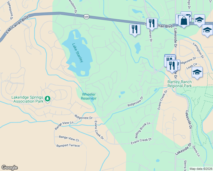 map of restaurants, bars, coffee shops, grocery stores, and more near 6174 Squires Lane in Reno