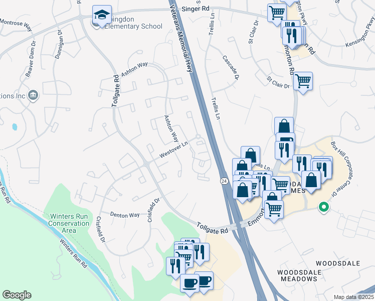 map of restaurants, bars, coffee shops, grocery stores, and more near 3402 Tulleys Pointe Court in Abingdon