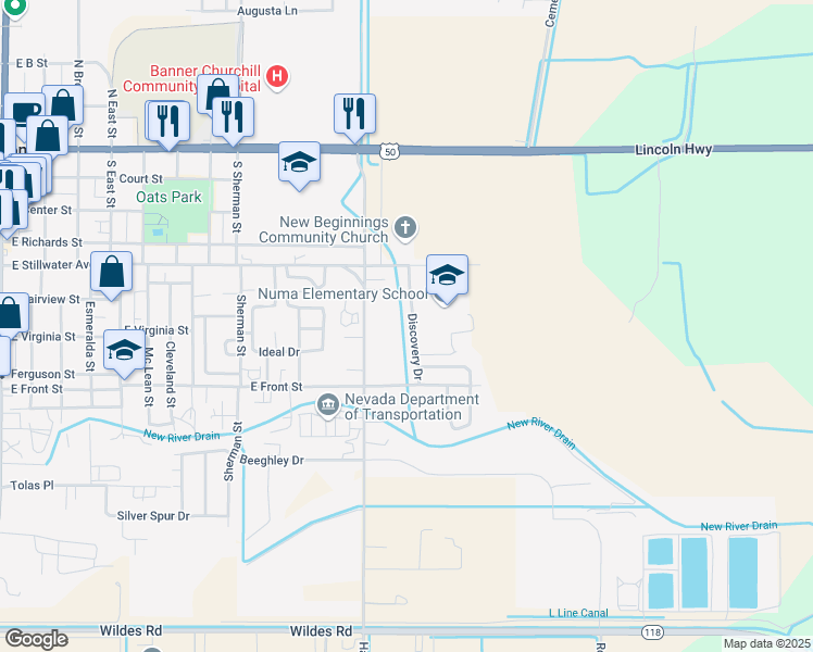 map of restaurants, bars, coffee shops, grocery stores, and more near 552 Discovery Drive in Fallon