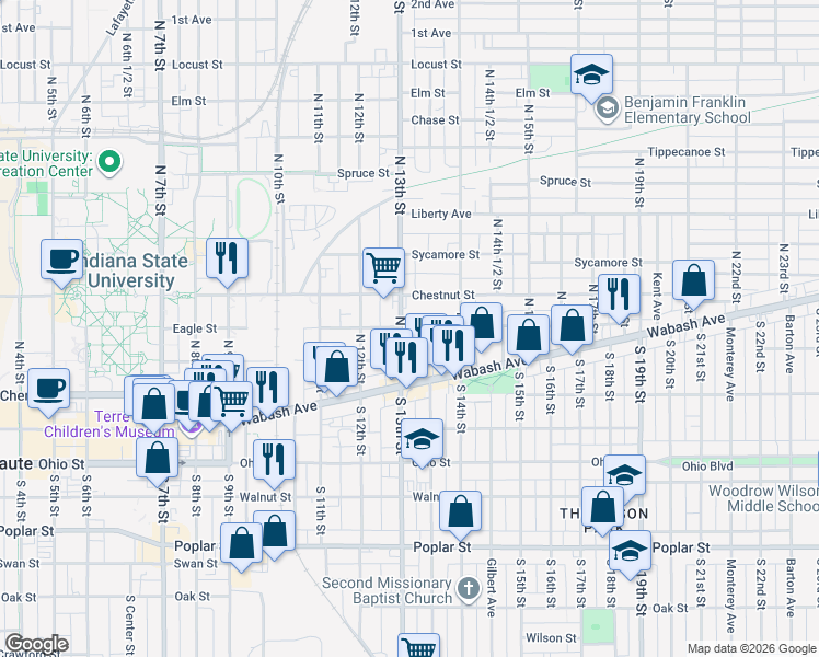 map of restaurants, bars, coffee shops, grocery stores, and more near 207 North 13th Street in Terre Haute