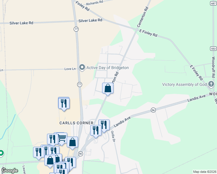 map of restaurants, bars, coffee shops, grocery stores, and more near 110 Centerton Road in Bridgeton