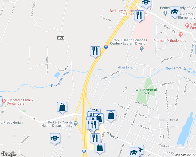 map of restaurants, bars, coffee shops, grocery stores, and more near 103 Bluestone Court in Martinsburg