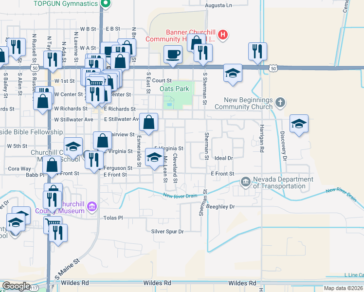 map of restaurants, bars, coffee shops, grocery stores, and more near 665 E Virginia St in Fallon