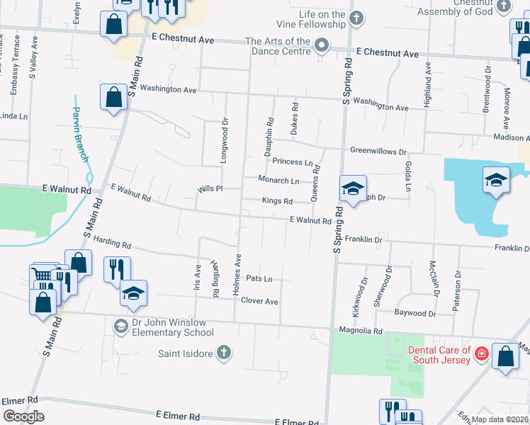 map of restaurants, bars, coffee shops, grocery stores, and more near 1772 East Walnut Road in Vineland
