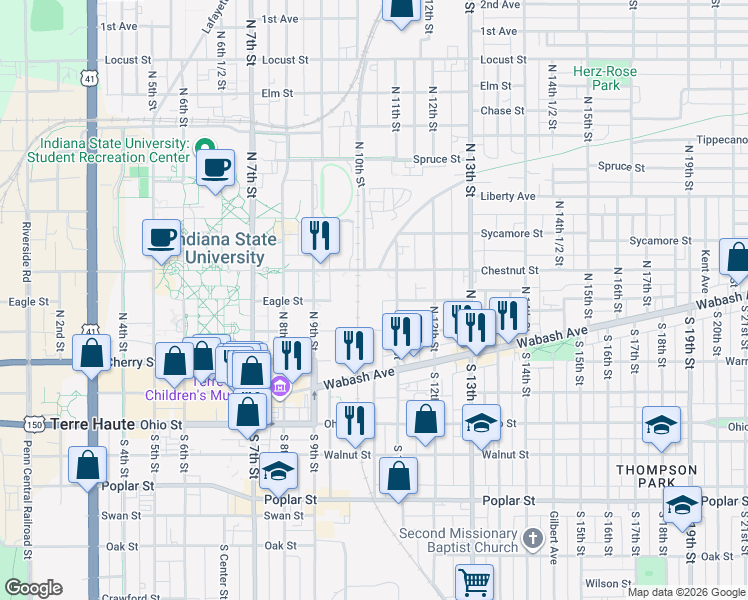 map of restaurants, bars, coffee shops, grocery stores, and more near 1033 Eagle Street in Terre Haute