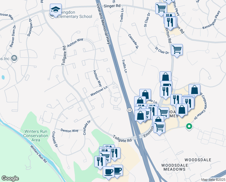 map of restaurants, bars, coffee shops, grocery stores, and more near 203 Star Pointe Court in Abingdon