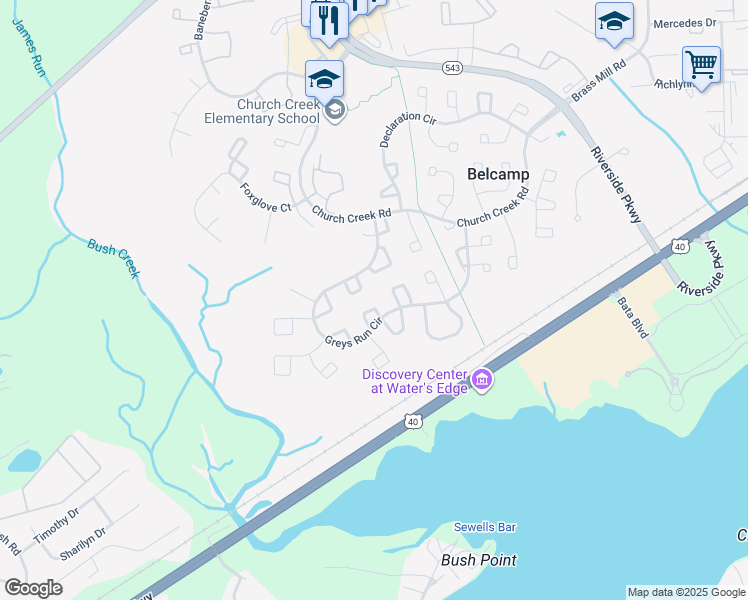 map of restaurants, bars, coffee shops, grocery stores, and more near 4342 Downs Square in Belcamp