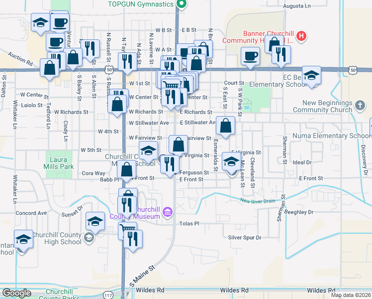 map of restaurants, bars, coffee shops, grocery stores, and more near 570 Churchill Street in Fallon