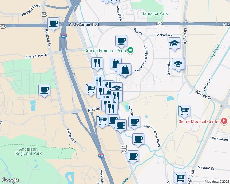 map of restaurants, bars, coffee shops, grocery stores, and more near 272 Delucchi Lane in Reno