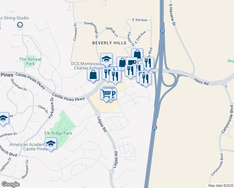map of restaurants, bars, coffee shops, grocery stores, and more near 420 Kendall Court in Castle Pines