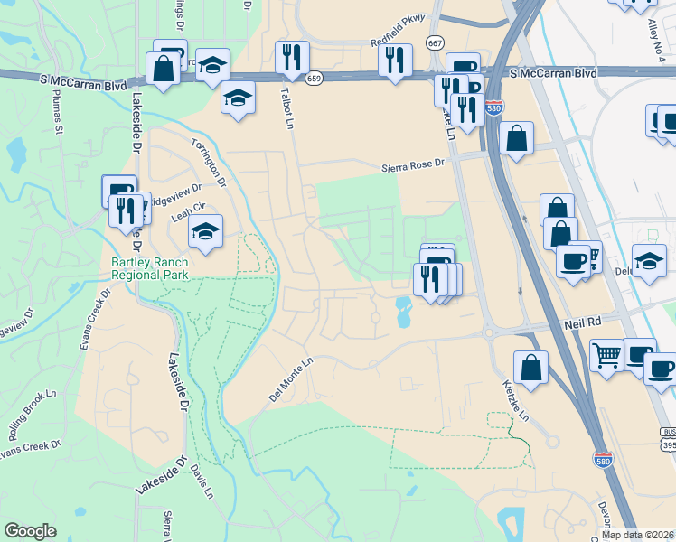 map of restaurants, bars, coffee shops, grocery stores, and more near 6107 Talbot Lane in Reno