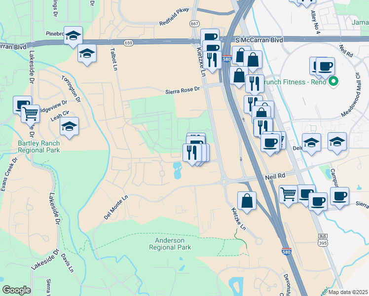 map of restaurants, bars, coffee shops, grocery stores, and more near 5414 Cremello Way in Reno