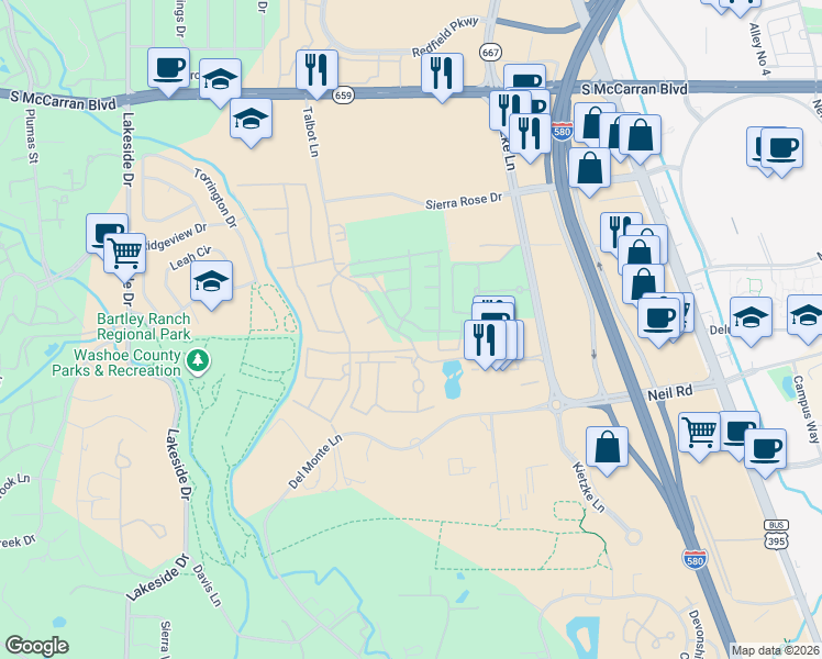 map of restaurants, bars, coffee shops, grocery stores, and more near 6119 Talbot Lane in Reno
