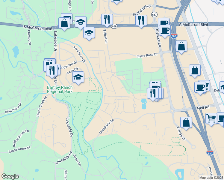 map of restaurants, bars, coffee shops, grocery stores, and more near 6155 Falabella Way in Reno
