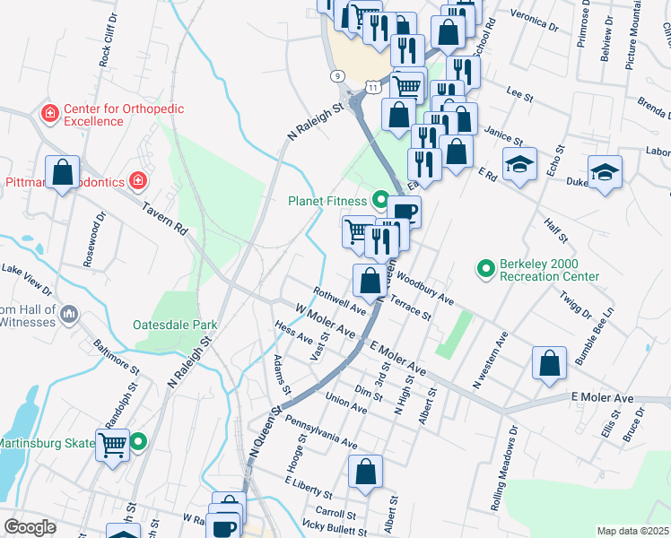 map of restaurants, bars, coffee shops, grocery stores, and more near 212 Rick Street in Martinsburg